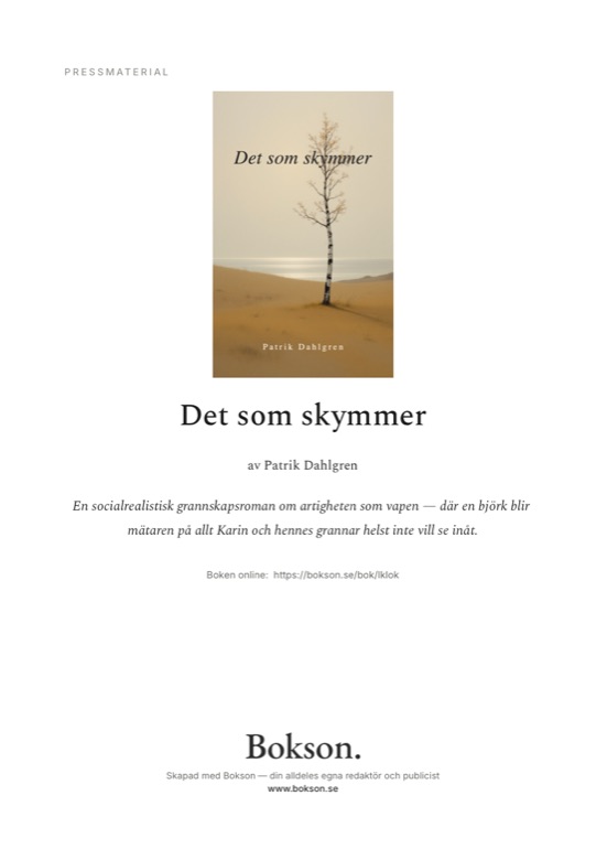 Försättsblad ur ett färdigt presskit med omslag, titel och pressbild